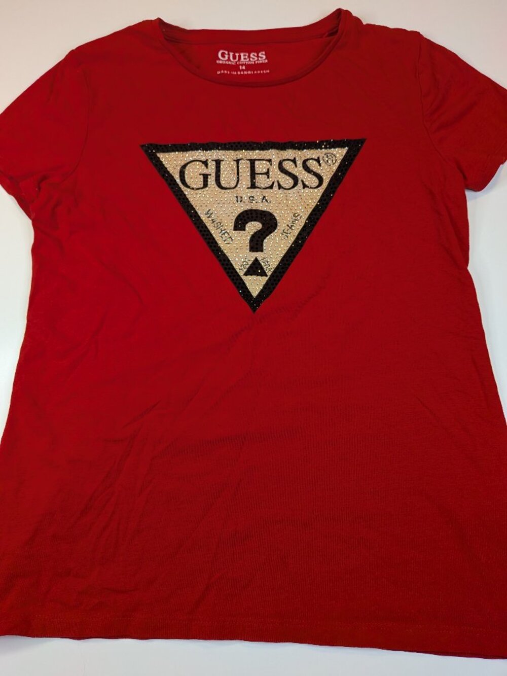 Guess Girls Logo Graphic Tee Red Rhinestone Short Sleeve Size 14